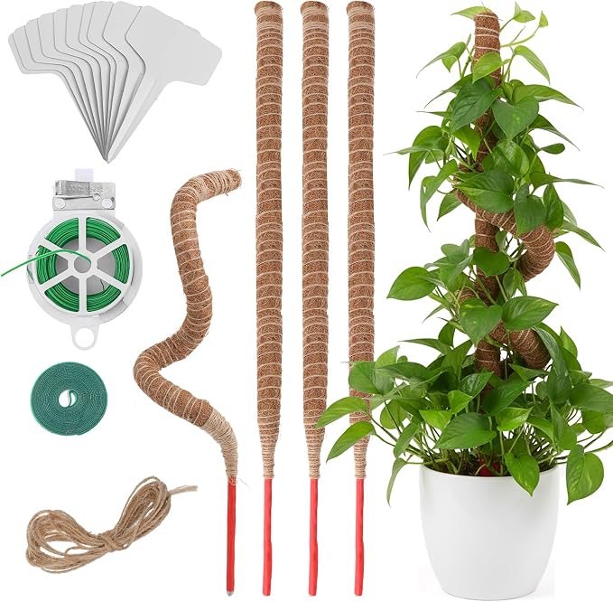 4 Pcs Bendable Moss Pole for Monstera Plant Support, 24” Natural Handmade Coir Pole Stick for Climbing Plants Indoor Plant Stakes Real Moss Poles for Potted Plants to Grow Upwards