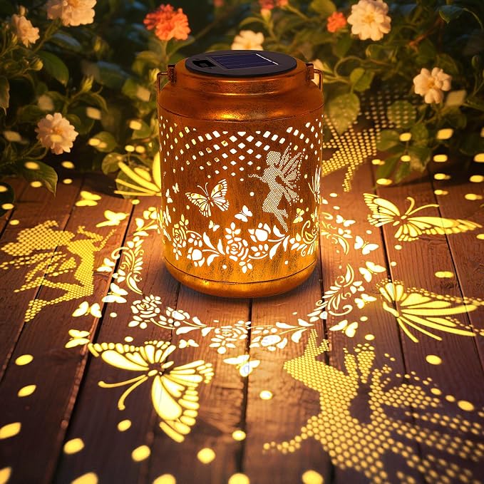 Solar Lanterns Outdoor Hanging Lantern Lights, Fairy Butterfly Metal Garden Decor Waterproof Solar Lights LED Decorative Outside for Garden Yard Patio Lawn Porch, Mothers Day Gifts for Women Mom