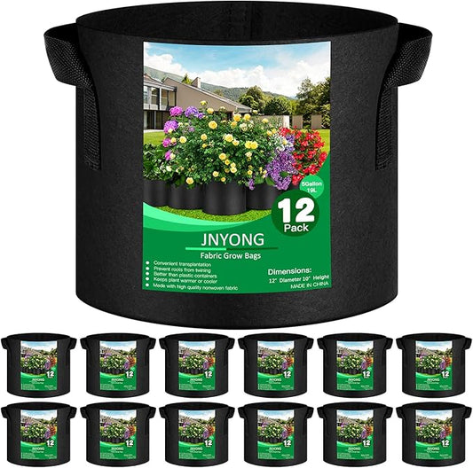 JNYONG 12-Pack 5 Gallon Thickened Non-Woven Grow Bags, Aeration Fabric Pots with Handles