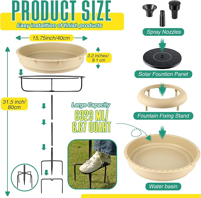 15.7 Extra Large Solar Powered Bird Bath with Fountain with 1.67 Gallon Capacity,5 Prong Stake Bird Bath for Outdoor,Hummingbird Drinking Bowl with Solar Fountain Pump Set,4 Water Patterns for Garden