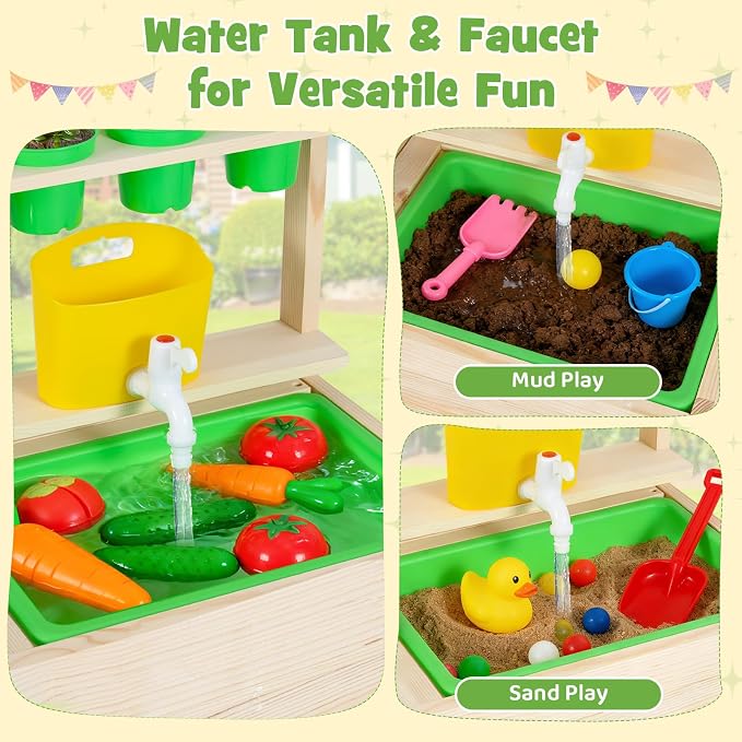 HONEY JOY Mud Kitchen with Running Water, Fir Wood Play Kitchen for Toddlers, 4 Planter Pots w/Accessories, Chalkboard, Sink & Faucet, Outdoor Kids Kitchen Playset for Garden Fun (4 Planter Boxes)