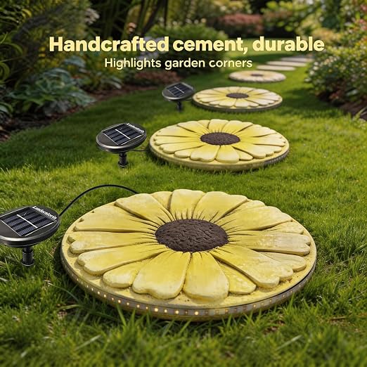 Solar Stepping Stone that Lights Up at Night, 10" Cement Daisy Flower Garden Path Stone, Non-Slip Weather-Resistant Outdoor Yard Walkway Decor (Yellow)