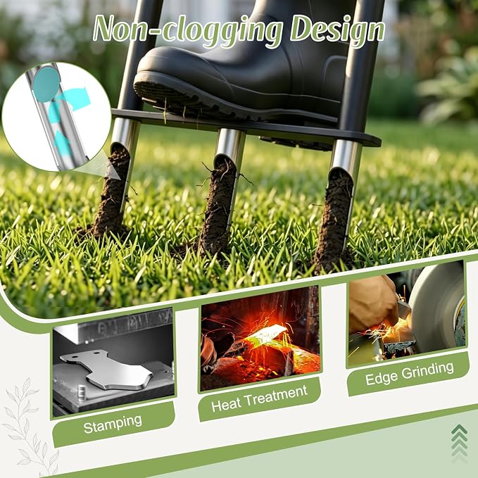 Heavy Duty Manual Lawn Core Aerator Tool, Semi-Assembled Yard Plug Aerator with 3 Stainless Steel Hollow Tines for Effortless Aeration, Compacted Soil & Lawn Care