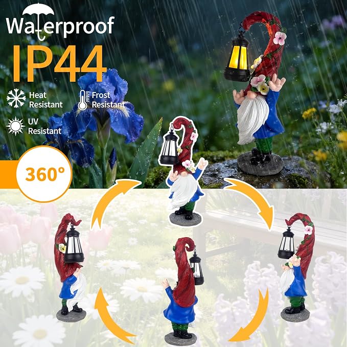 Garden Gnome Statue with Solar Lights 13.7" Garden Sculptures Gnomes Decorations Gnome Outdoor Patio Lawn Yard Balcony Birthday Gift for Mom Grandma(Left Light)