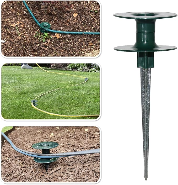 6 Pcs Garden Hose Guide on Spike, Guides Water Hoses Guide on Zinced Spike Hose Guard for Plant Protection Garden Hose Rust Sturdy Metal Stake Heavy Duty Dark Green Spin Top