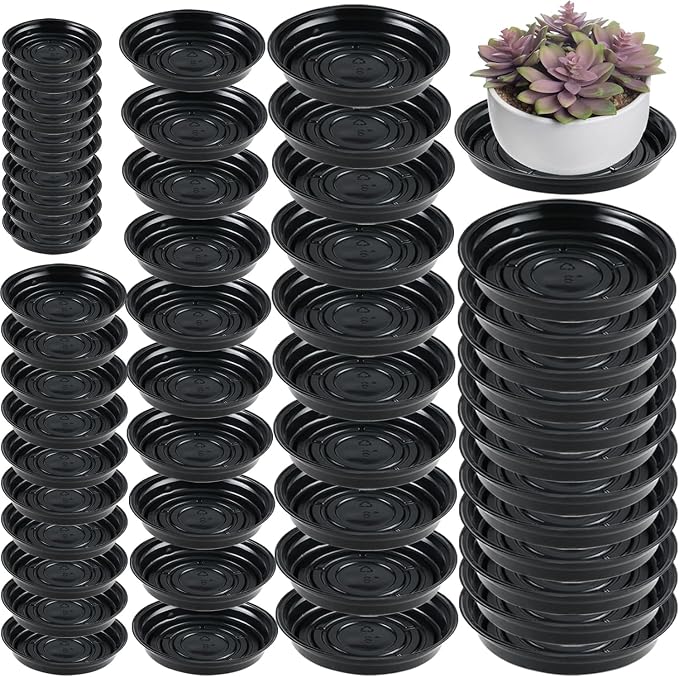 50 Packs 4/6/8/10/12 Inches Plant Saucers for Indoor Outdoor Use Heavy Duty Plastic Plant Plate Dish for Planter Bulk Round Flower Pot Drip Trays to Catch Water 4 to 20 Inch, Black