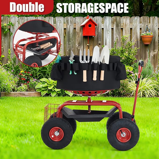 Rolling Garden Work Seat with Wheels, 300lbs Heavy Duty Garden Cart, 360° Swivel Adjustable Height Rolling Stool, Extendable Handle, Storage Basket & Tray for Gardening, Lawn Care, Adults & Seniors