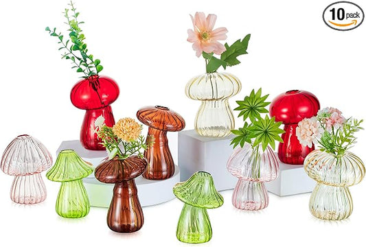 Glasseam Mushroom Plant Propagation Stations: Cute Glass Terrarium Jar Propagation Vase Set of 10 Hydroponic Planters for Home Room - Unique Colorful Mushroom Decor Gifts for Plant Lovers