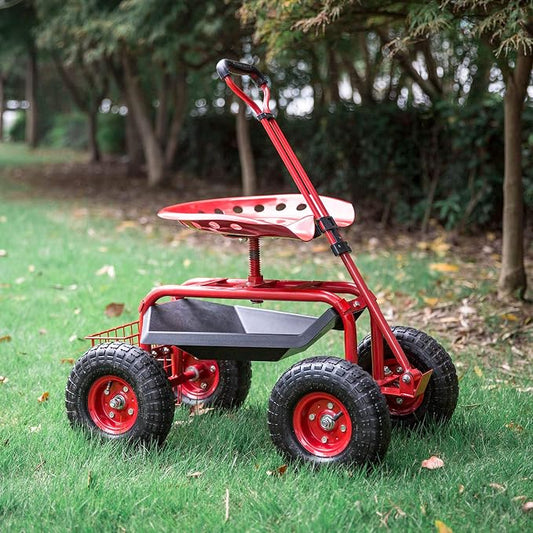 kinbor Garden Cart Rolling Scooter with Extendable Steering Handle, Swivel Seat & Utility Basket, Red