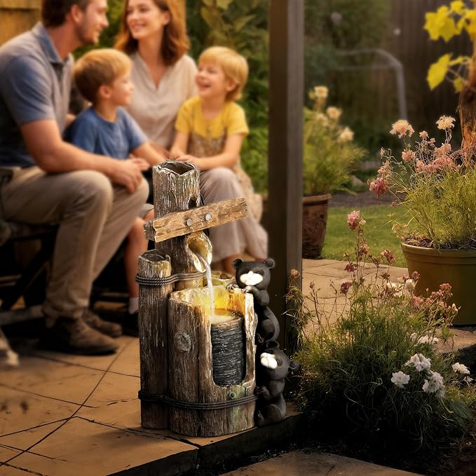 Outsunny 22.8" Tall Outdoor Water Fountain, 3-Tier Floor Standing Resin Bears on Log Waterfall Fountain with LED Lights, Pump for Garden, Patio, Backyard
