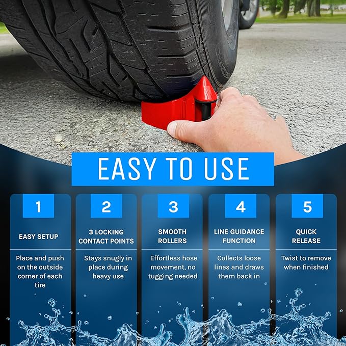 DETAIL GUARDZ Hose Guide – 4pcs Plastic Hose Roller for Cars, Trucks & Motorcycles - Car Wheel Rolling System Tool Preventing Stucking and Snagging Under Tires (Red)