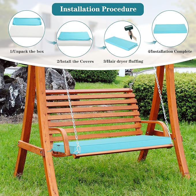 Outdoor Bench Cushion 42 x 18 Inch Thick Waterproof Porch Swing Cushions with Tie Patio Furniture Chair Cushion Bench Pad Color Fastness Backyard Seat Pads, Light Blue