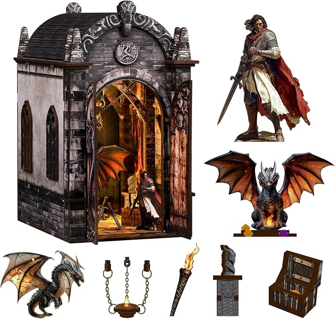 Roroom 3D Puzzles for Adults, Fantasy Book Nook Kit with LED Light, Wooden DIY Miniature House Kit Bookends for Bookshelf Decor-Creative Crafts for Family and Friends