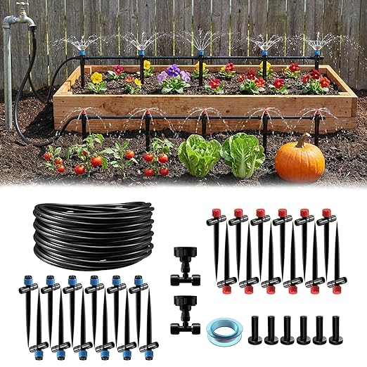 118FT Drip Irrigation System, Garden Watering System, Quick-Connect Drip Irrigation Kit for Lawn Raised Bed Greenhouse, Plant Watering System with 1/4'' Drip IrrigationTubing, Drip Emitters,Connectors