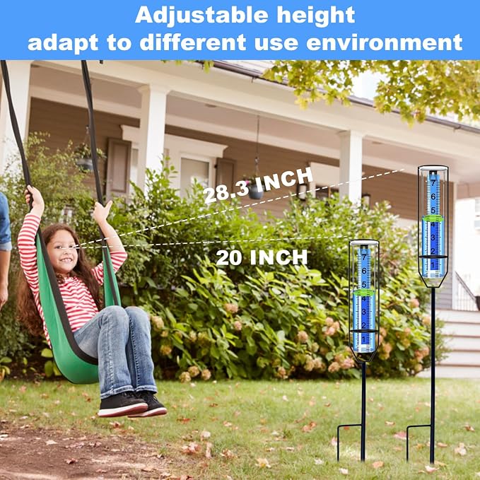Rain Gauge Outdoor with Large Easy-Read Numbers | Freeze-Resistant Plastic Rain Gauge with Floating Marker, Stake or Hang Installation | 7" Rain Measuring Tool for Garden Yard Fence Farm