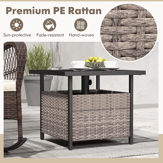 Tangkula Outdoor Table with Umbrella Hole, Rattan Umbrella Stand Table, Wicker Outside Side Table with Steel Metal Frame, Patio Bistro Table for Deck Garden Pool Yard, 22 x 22 x 18.5 Inch (Grey)