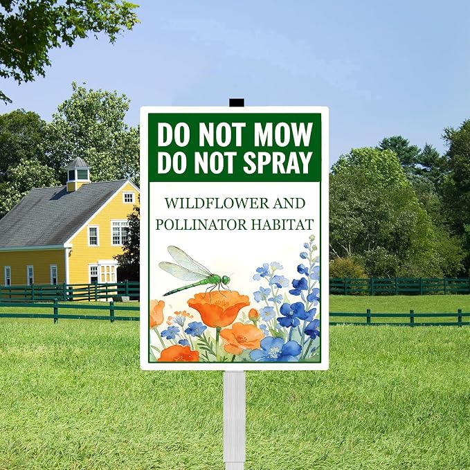 Do Not Mow Do Not Spray Wildflower and Pollinator Habitat Yard Sign With Stakes Rustproof Reflective Aluminum Pollinator Friendly Dragonfly Garden Sign Stand Outdoor 8X12 IN