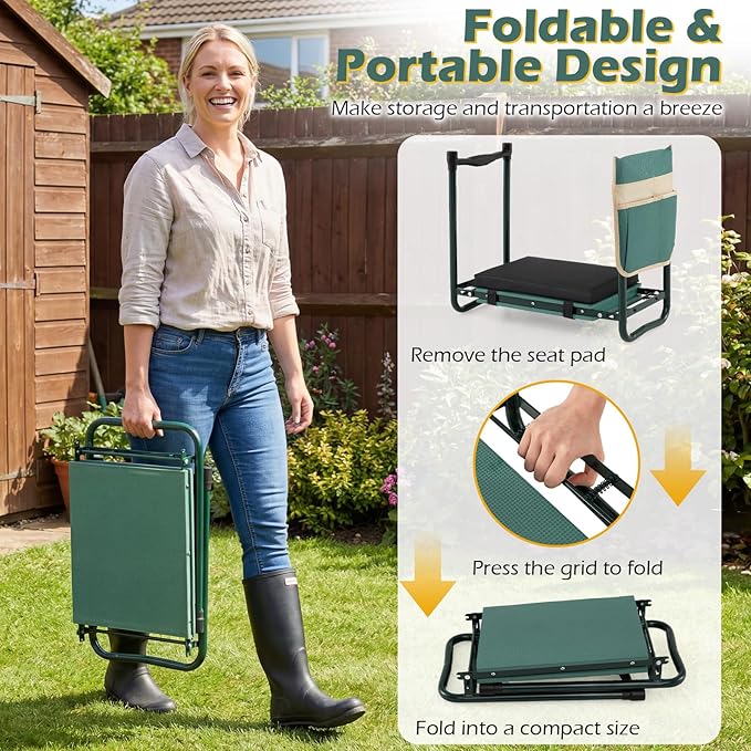 Goplus Foldable Garden Kneeler and Seat, 11" Wide 2-in-1 Gardening Bench, Detachable Thick EVA Foam Pad, 350 lbs Heavy-Duty Metal Frame, Tool Pouch, Portable Stool, Gardening Kit for Seniors (Green)