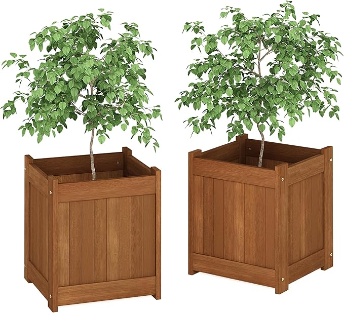 Furinno TIOMAN Planter Box Set of 2, Hardwood Flower Box, Cube Garden Box, in Teak Oil, Outdoor Indoor, Garden, Patio, Balcony, Light Wood