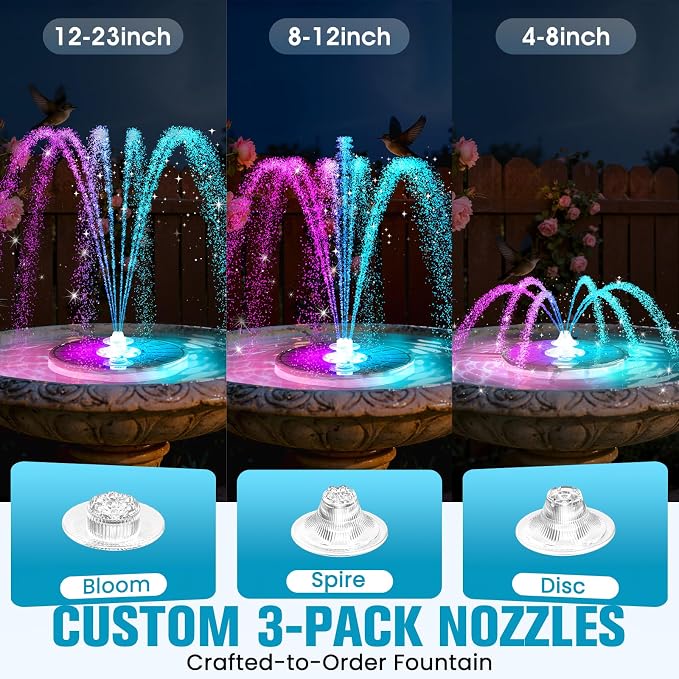 4000mAh Solar Fountain,2026 Solar Bird Bath Fountain Pump,3 Spray Solar Powered Water Fountain with Lights,Floating Birdbath Fountain,DIY Water Bird Bath Fountain for Outdoor,Garden,Pond-Black