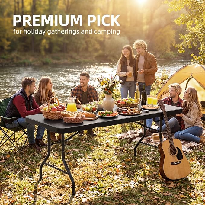 6FT Folding Table with Carrying Handle: Upgrade Thickened Heavy Duty Portable Foldable Table | Plastic Folding Tables for Party, Dining, Wedding, Events, Picnic Indoor, Outdoor, Camping, Utility Black