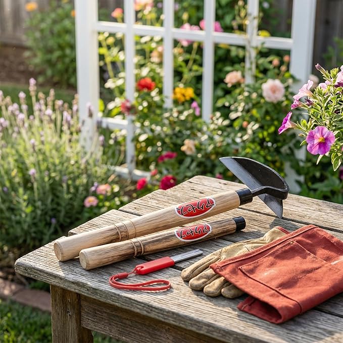 Japanese Garden Hand Hoe Sickle, Hand Weed Puller with Replacement Wooden Handle, Gardening Sickle for DIY Yard Work (Right-Handed)