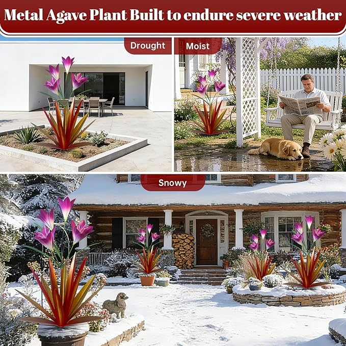 TOMBABY 32.28 Inch Metal Agave Plant Outdoor Decoration Lily Mexican Yard Art Garden Gift Home Decor Hand Painted Metal Agave Garden Yard Statue (2pc, Red)
