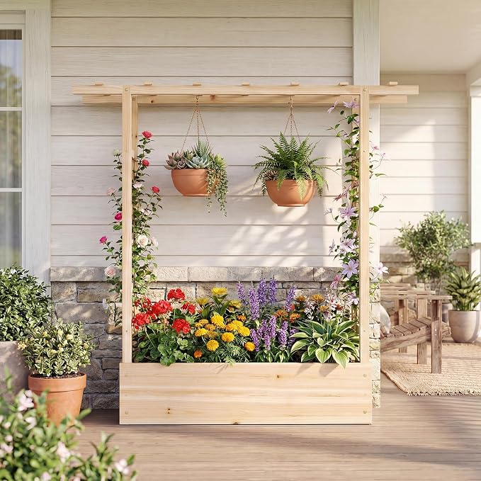 Giantex Wooden Raised Garden Bed with Trellis & Hanging Roof, Fir Wood Planter Box, 45" Freestanding Elevated Garden Bed for Outdoor Climbing Plants Vegetables Flowers, Patio & Balcony, Natural