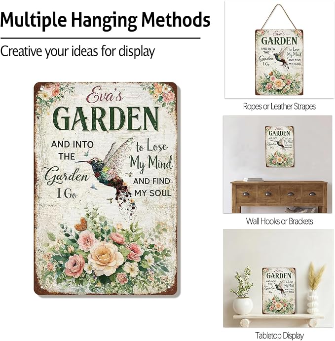 Garden Signs Hummingbird Floral Gardening Tin Signs Outdoor Funny Signs "And Into The Garden I Go To Lose My Mind And Find My Soul" for Home Garden Patio Fence Yard Decor 8 X 12 Inch