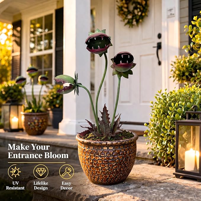 Funny Metal Carnivorous Plant Garden Stake, 25" Large Venus Flytrap Sculpture, Whimsical Outdoor Yard Art for Lawn Patio Planters, Unique Weather-Resistant Garden Decor Gift (64cm（25in）)