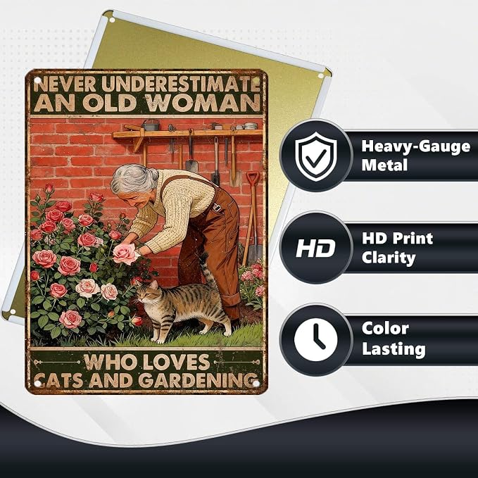 Vintage Garden Tin Sign Never Underestimate Old Lady Who Loves Cats And Gardening Retro Metal Sign Rustic Nostalgic Wall Decor For Home Garden Plaque Yard Patio Porch Living Room 16 * 12 In