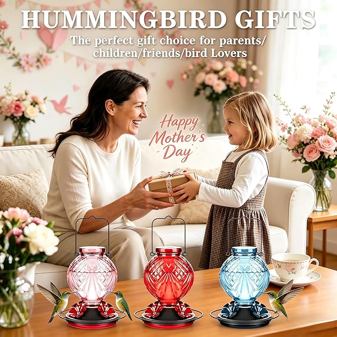 Glass Hummingbird Feeder for Outdoors Hanging, 20oz Bird Nectar Feeder with 4 Bee Guard Flower-Shaped Ports & Built-in Ant Moat, Easy to Clean, for Bird Lover,1 Pack, Pink