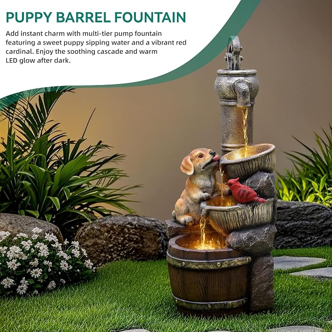 30" Puppy & Red Bird Outdoor Fountain, 3-Tier Pastoral Water Feature with LED Lights, Resin Two Bowls & Wooden Barrel Soothing Cascading Waterfall for Patio, Backyard, Garden