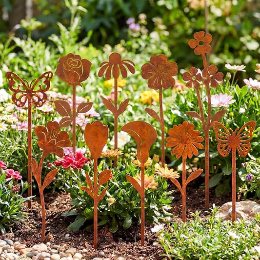10 Pcs Rusty Metal Flowers and Plants, Rusty Rustic Metal Flowers Signs for Outside Yard Art Gift for Yard Decorative Garden Stakes Potted Plants Walkway and Garden