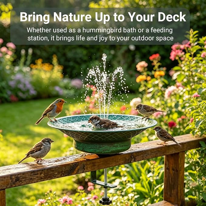 Deck Mounted Bird Bath for Outside, 12.6" Metal Solar Bird Bath with Fountain, Adjustable Railing Clamp for Balcony & Patio, Outdoor Birdbath for Garden Yard Decor