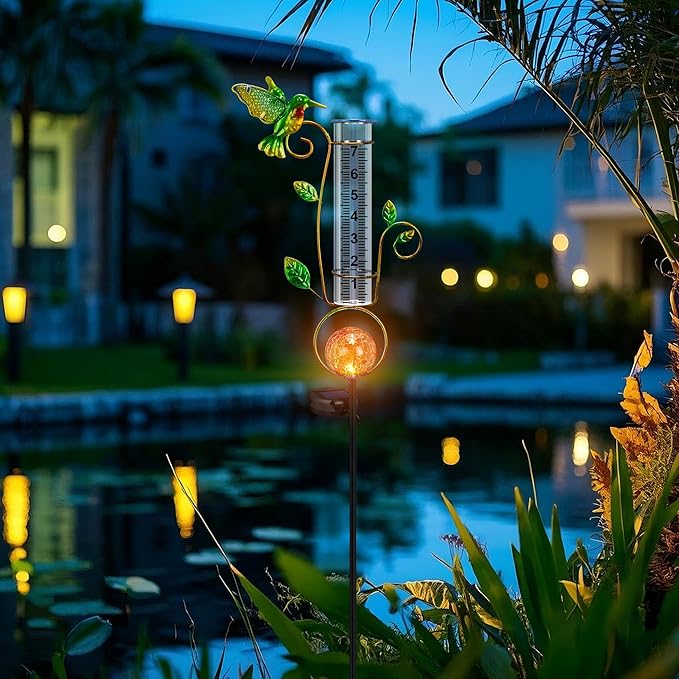 Rain Gauge Outdoor, for Women/Mom/Grandma, Upgraded Solar Rain Gauges Hummingbird with Color Changing LED Cracked Ball Lights 7" Measuring Cup for Yard Lawn Garden Decor
