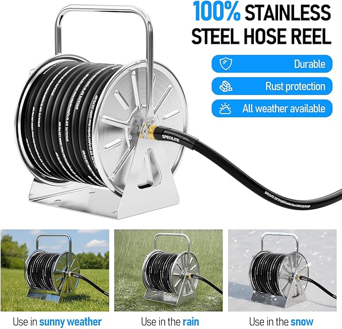 SPECILITE Stainless Steel Garden Hose Reel with 5/8" 75FT Hybrid Rubber Hose and 6FT Leader Pipe, Wall/Floor Metal Mounted Storage Spool with Crank Handle, for Outside, Yard, Patio