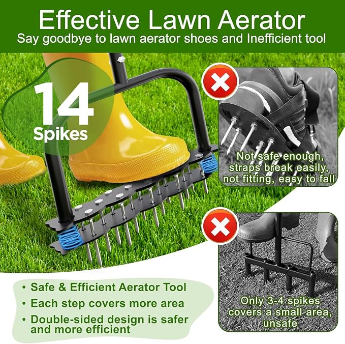 Lawn Aerator, Automatic Dirt and Leaf Clean Design, Heavy Duty Manual Lawn Aerator Tool with 14 Iron Spikes, Soil Lawn Aerating Tools for Yard Lawn and Garden, Aerator Spikes aerating Tool (Black)