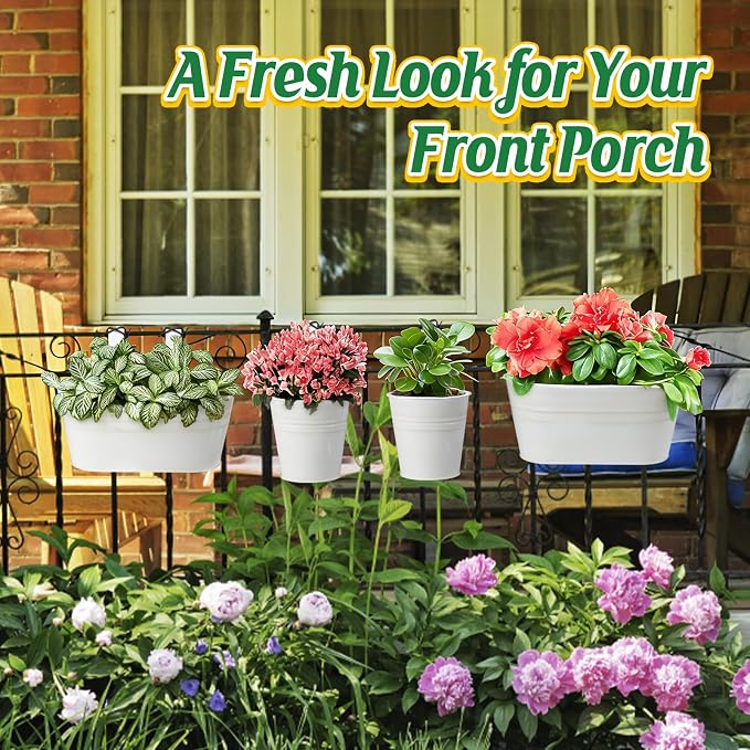 MADHOLLY 6Pcs Railing Planter with Drainage - 10.8" & 5.1" Bucket Pots for Balcony Railing, Metal Iron Hanging Flower Pots for Herb Planter Outdoor Deck & Rail Decor with Hook, White