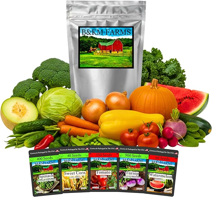 B&KM Farms 30,000+ Survival Seed Kit 5+ Year Supply. 50 Fruit & Vegetable Non-GMO Heirloom Seeds for Planting a Home Garden. (50 Seed Packets: Maximum Variety Package)