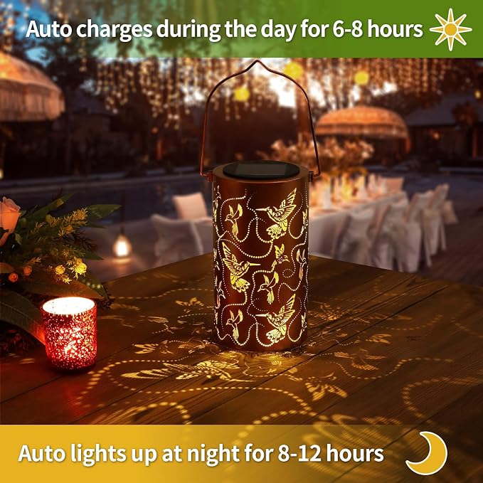 Solar Lanterns Outdoor Hanging Hummingbird Decor Lantern,Waterproof Hollow Out Metal Decorative Garden Light,Graceful Decoration for Patio,Yard,Landscape,Walkway,Festival