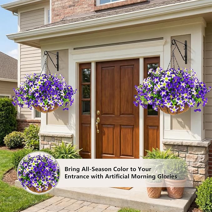 2 Set Artificial Petunias Flowers with Hanging Baskets, 24 Pcs Silk Petunia UV Resistant Purple Faux Petunias Flowers with Hanging Planter for Front Door Porch Spring Outside Decor (2, Purple)