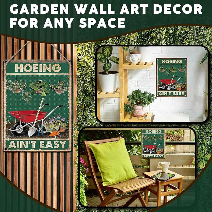 PEACHGARDEN Funny Garden Signs Hoeing Ain't Easy Gardening Gifts for Women Garden Decor for Outdoor Yard Art Patio Wall Decor 12x16 inch