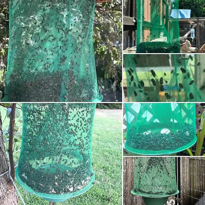 4 Pack Ranch Fly Traps Outdoor Hanging, Reusable Stable Fly Hunter Catcher Cage with Food Bait Tray, Flies Control Killer Repellent for Barn, Orchard, Farm, Horse, Patio