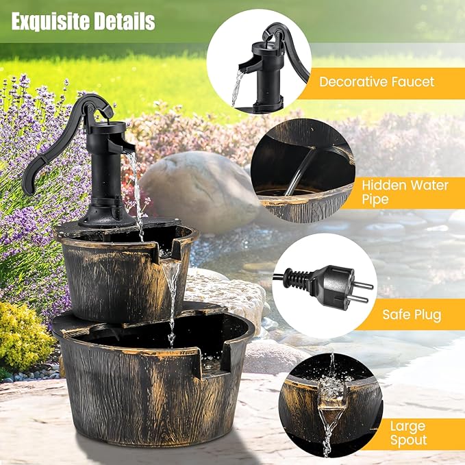 Tangkula 2-Tier Water Fountain Outdoor, Rustic Wood Cascading Waterfall Fountain with Electric Pump, Outside Water Feature with Decorative Hand for Garden Patio Backyard (Plastic)