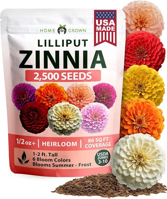 HOME GROWN Zinnia Lilliput Mix Flower Seeds for Planting Spring 2026 – 2500 Seeds (2g) Zinnia elegans – Colorful Zinnia Seed Mix for Garden Beds, Containers & Cut Flowers, Easy Grow Zinnia Seeds
