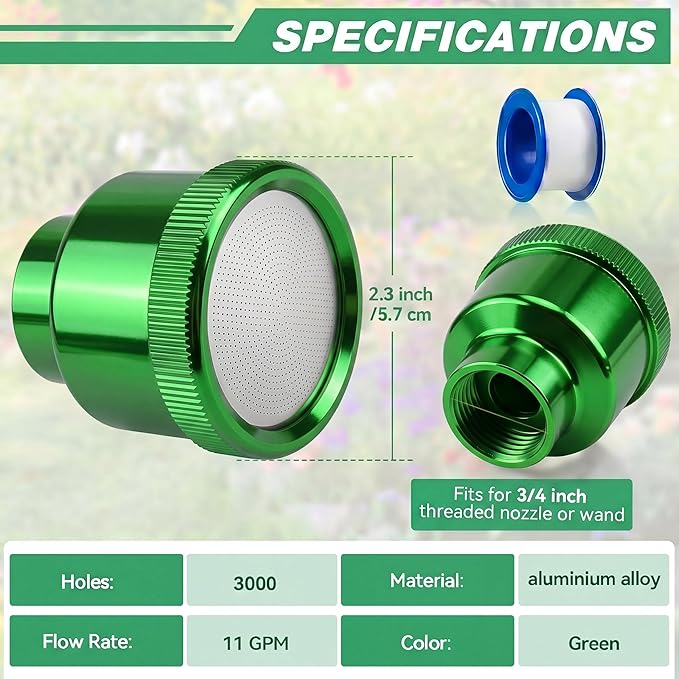 Dreyoo 1 Pack Water Nozzle with 3000 Tiny Holes, 3/4'' Aluminium Alloy Garden Hose Shower Head with PTFE Thread Seal Tape for Outdoor Watering Flowers, Plants, Greenhouse, Nurseryman (2.36'',Green)
