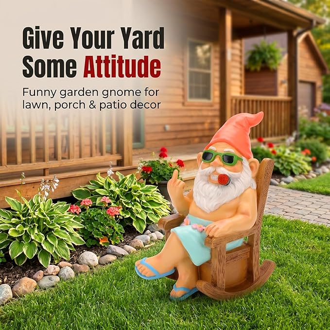 Funny Garden Gnome Statue 7.1", Solar Gnome in Rocking Chair, Outdoor Garden Decor Lawn Ornament for Yard Patio Porch, Fathers Day Birthday Gifts for Men Dad Grandpa