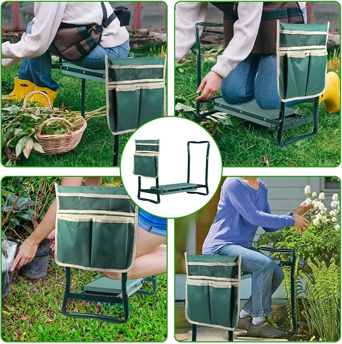 Garden Kneeler and Seat, Portable Foldable Gardening Kneeling Bench Stool with Tool Pouch and EVA Foam Kneeling Pad, Gardening Gifts for Women, Men, Gardeners, Seniors