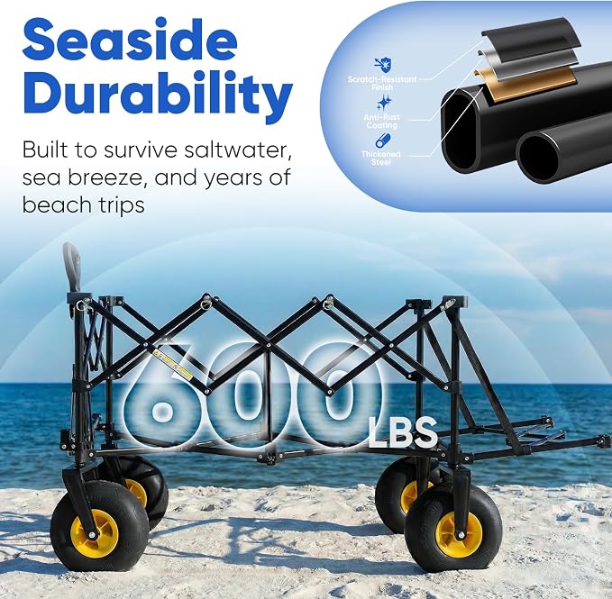 Sekey Heavy Duty Beach Wagon with 9" Big Sand-Proof Wheels, 300L Oversized Foldable Beach Cart with Cooler| Adjustable Handle & Balloon Tires for Sand, Camping,Vacation